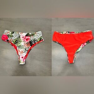 NEW Zaful Red Hibiscus Orchid Palm Leaf Reversible High Waist Bikini Bottoms 8